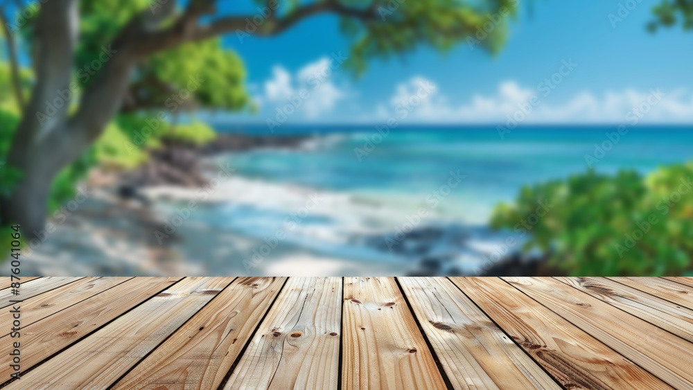 Poster table with a blurred background of a sandy beach and palm trees, enhancing the summer atmosphere for