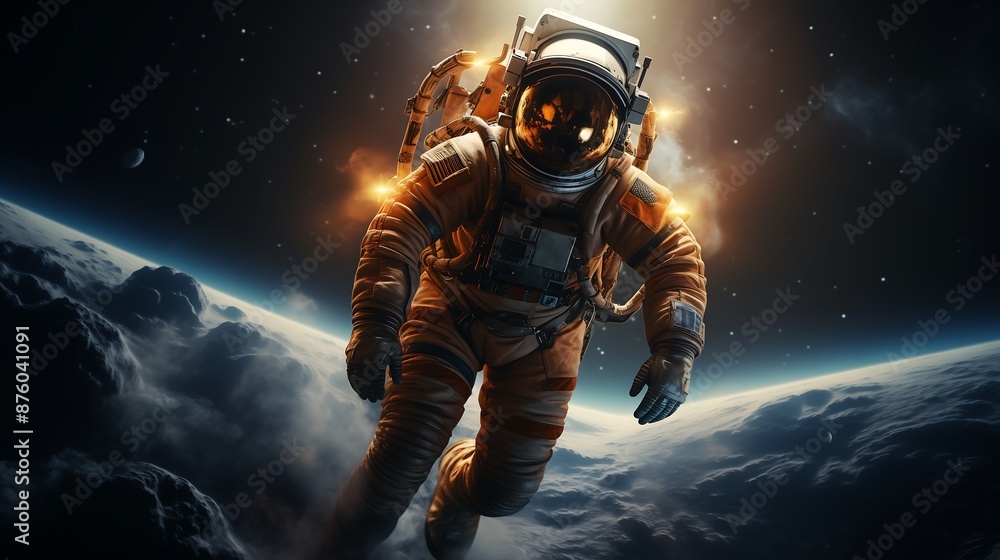 Wall mural astronaut drifting in space with earth in background astronaut earth view ai generated