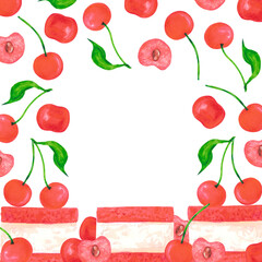 Hand drawn watercolor piece of cake with ripe cherries wreath frame border isolated on white background. Can be used for postcard, invitation, scrapbook and other printed products.