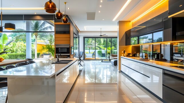 Modern kitchen with accent wall and recessed picture