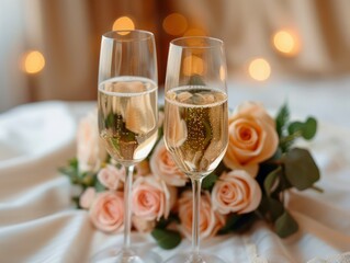 Two Champagne Flutes Surrounded by Pink Roses, a Romantic Symbol of Union and Celebration, Perfect for a Wedding or Anniversary
