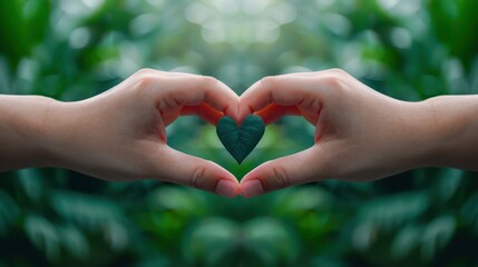 Two Hands Forming a Heart Shape with a Green Leaf Inside, Symbol of Love, Unity, and Nature's Embrace