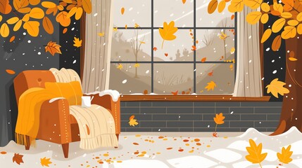 A cozy living room with a comfy armchair on a snowy day.