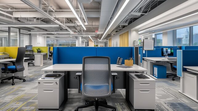 A modern open office space with vibrant blue and yellow dividers, ergonomic chairs, and contemporary office furniture promoting a collaborative work environment