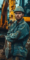 Fototapeta premium Construction Worker Posing by Excavator