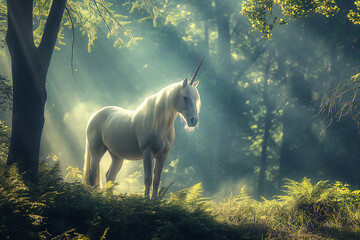 Majestic Unicorn in Enchanted Forest with Sunlit Rays