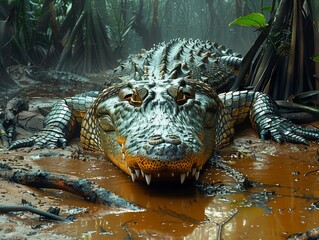 Obraz premium Crocodile in a Swamp- A massive crocodile lies partially submerged in the murky waters of a tropical swamp. Its rough