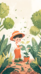Cute gardener in a garden illustration | High Quality | Wallpaper	