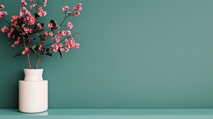 3D geometric podium mockup with a bright color and natural tree leaves and flower elements, suitable for presentations needing a touch of modernity and nature Clean and Clear Color, Realistic Photo,