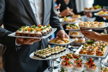 business people take buffet appetizers lunch banquet break catering celebration dinning food epicure party eatery snack caucasian indoor adult arrangement assortment businessman businessperson