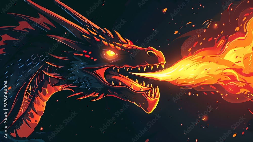 Sticker A cartoon dragon breathing fire with a dark background.