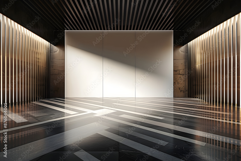 Poster an empty luxury gallery with a large blank wall and modern geometric floor design set against a dark