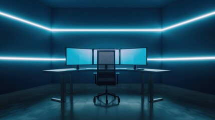 Hightech podcast studio with neon lights, sleek design, multiple monitors, futuristic, blue and white tones