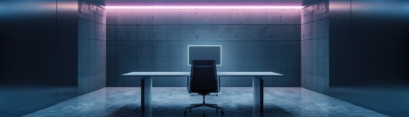 Fototapeta premium Futuristic podcast studio with sleek equipment, neon accents, blue and purple hues, hightech design