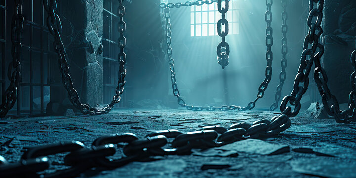 The heavy chains and shackles, rattling against the cold concrete floor of a maximum-security prison cell