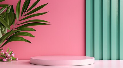 3D geometric podium mockup with bright colors and natural tree leaves and flower elements, ideal for presentations requiring engaging and visually appealing visuals Clean and Clear Color, Realistic