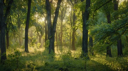 Fototapeta premium Tranquil Forest Canopy: Sunlight Filtering Through Tall Trees in a Serene Woodland Setting