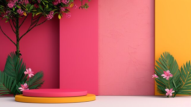 3D geometric podium mockup with bright colors and natural tree leaves and flower elements, ideal for presentations requiring engaging and visually appealing visuals Clean and Clear Color, Realistic