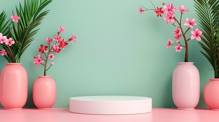 3D geometric podium mockup with bright colors and natural tree leaves and flower elements, ideal for presentations requiring engaging and visually appealing visuals Clean and Clear Color, Realistic