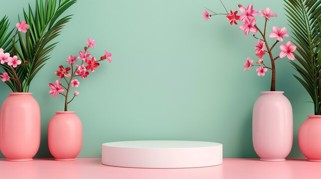 3D geometric podium mockup with bright colors and natural tree leaves and flower elements, ideal for presentations requiring engaging and visually appealing visuals Clean and Clear Color, Realistic