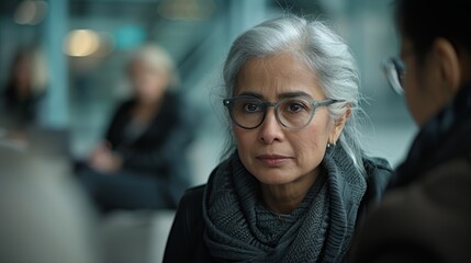 Elderly woman with gray hair and glasses in a modern indoor setting having a serious conversation with another person at a close distance