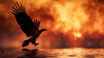 Eagle Flying at Sunset with Fiery Clouds
