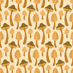 Toadstool seamless pattern. Inedible mushrooms repeat background. Vector hand drawn flat illustration.