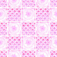 Hand drawn watercolor pink tile ornament seamless pattern isolated on white background. Illustration can be used for textile, fabric and other printed products.