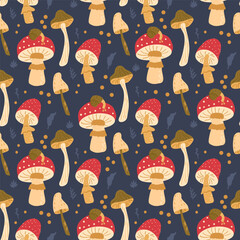 Night woodland forest toadstool and fly agaric seamless pattern. Inedible mushrooms repeat background. Vector hand drawn flat illustration.