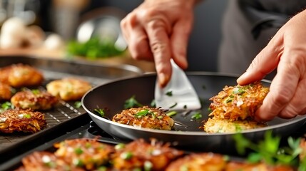 Close up of chef's hands flipping crispy potato pancakes in a frying pan.