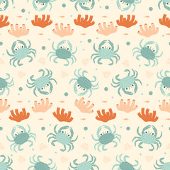 Crabs and corals seamless pattern. Underwater world endless background. Crustaceans repeat cover. Vector hand drawn flat illustration.