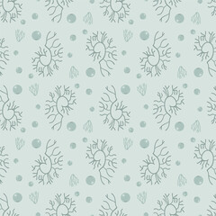 Algae and water bubbles seamless pattern. Underwater life endless background. Vector hand drawn flat illustration.