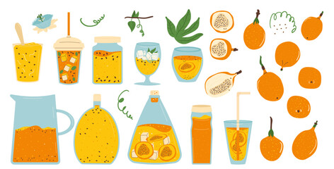 Sweet granadilla products set. Tropical fruit, juice, sorbet and jam clipart. Homemade passiflora food collection. Vector illustration isolated on white background.