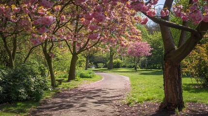 Serene Spring Stroll: Cherry Blossom Trees Lining a Peaceful Pathway in a Tranquil Park