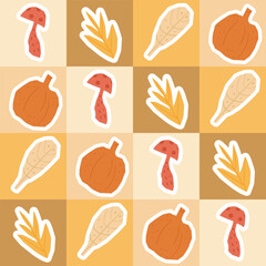 Autumn seamless pattern. Stickers of pumpkin, mushroom and leaves repeat background. Bento box harvest design. Vector hand drawn flat illustration.