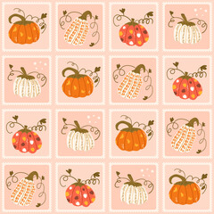 Various pumpkins checked seamless pattern. Bento box autumn harvest repeat background. Autumn festive retro stamps endless design. Vector hand drawn flat illustration.