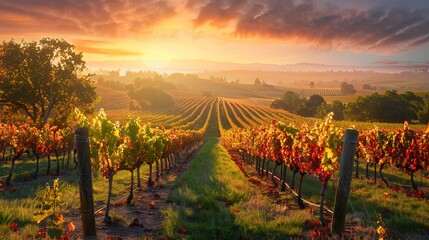 Tranquil Sunset in a Vineyard - Peaceful Winemaking Scene with Colorful Skies and Vine Rows