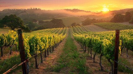 Fototapeta premium Serene Vineyard at Dusk - Peaceful Winery Landscape with Grapevines Leading to Colorful Sunset Sky
