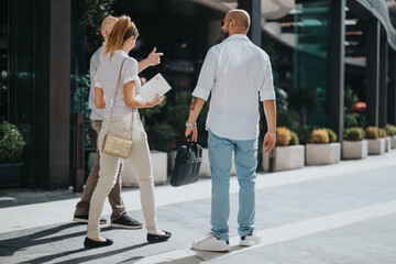 Business colleagues discussing work while standing outside a modern office building. Concept of teamwork, casual conversation, and professional lifestyle in an urban setting.