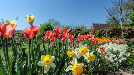 Obraz premium Springtime Bliss: Enchanting Cottage Garden Blooming with Tulips and Daffodils