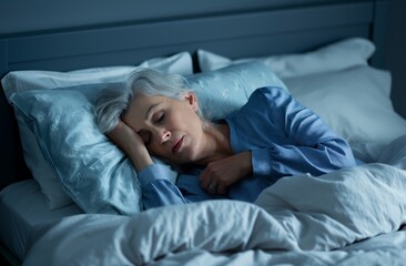 A woman sleeps soundly in bed, her face relaxed and eyes closed. The bedroom is dimly lit with an alarm clock on the nightstand.