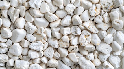 Texture pattern of white pebbles gravel and small stones in walk way path and floor for garden interior decoration background. Various shapes of white decorative gravel stones pattern for background. 