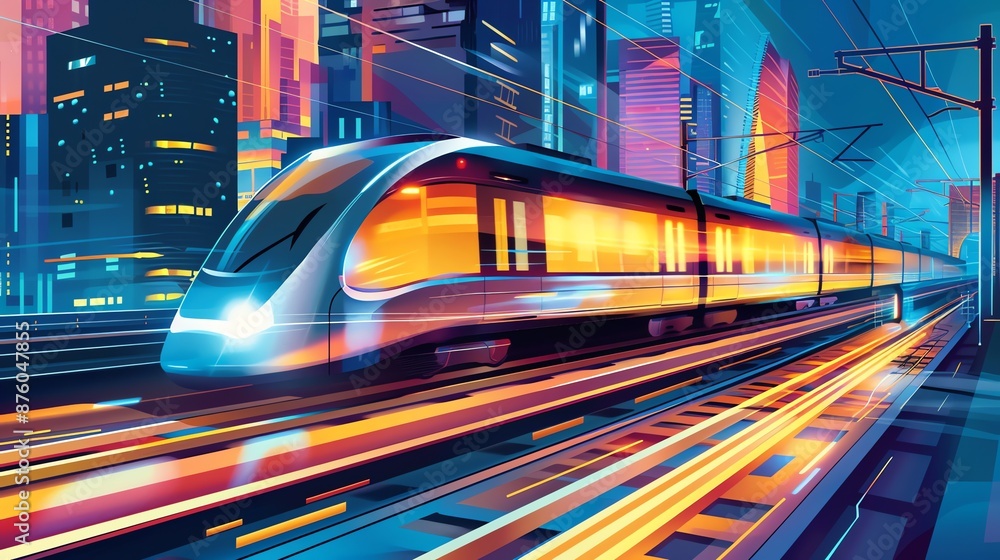 Wall mural A high-speed train speeding through a futuristic city.