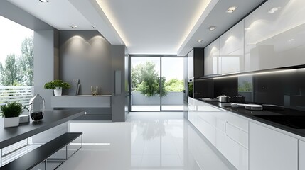 Modern kitchen with accent wall and recessed img