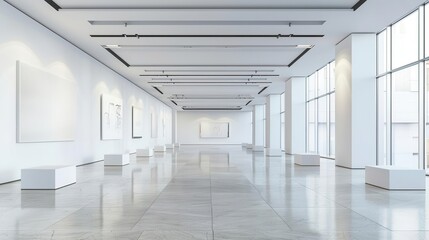 Obraz premium Spacious art exhibition hall with empty pedestals and blank walls, ideal for showcasing modern art pieces