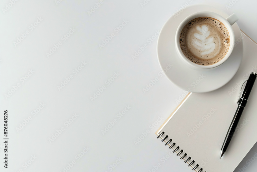 Poster photo of a minimalist desk with a notebook, pen and coffee on a white background in a top view. web 