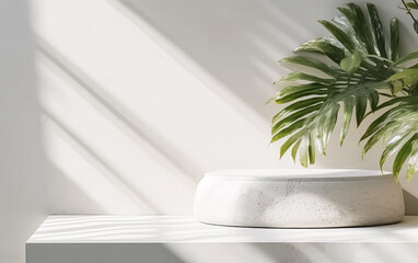 A white pedestal with a plant on top of it