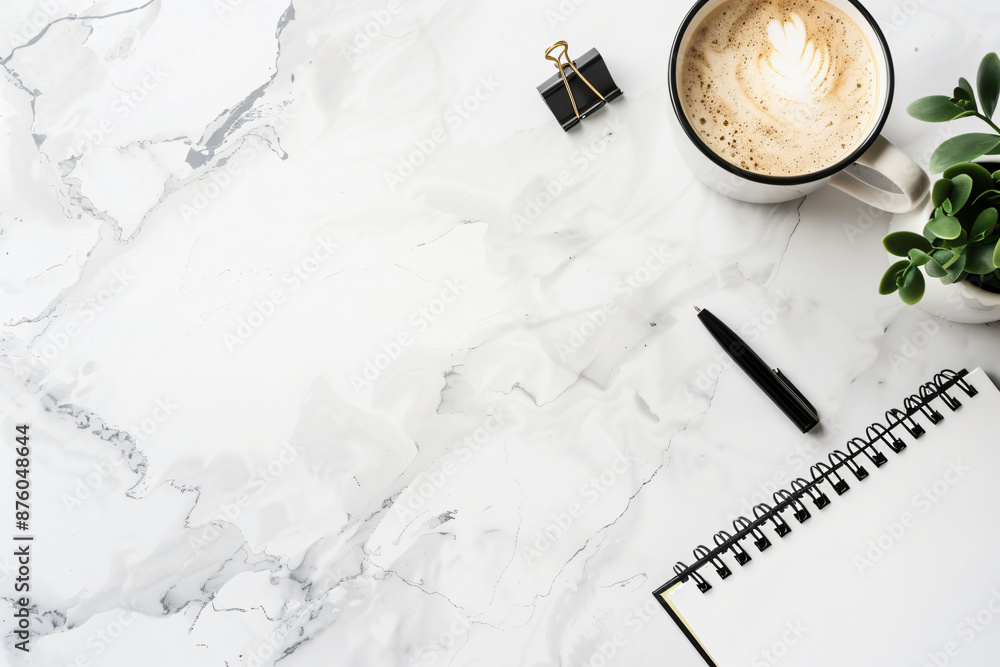 Poster photo of a minimalist desk with a notebook, pen and coffee on a white background in a top view. web 