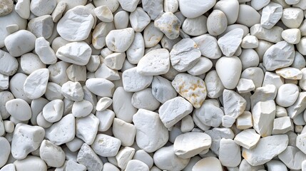 Texture pattern of white pebbles gravel and small stones in walk way path and floor for garden interior decoration background. Various shapes of white decorative gravel stones pattern for background. 