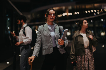 Young professionals standing outside an office building at night, discussing business ideas and plans. The atmosphere is dynamic and driven.